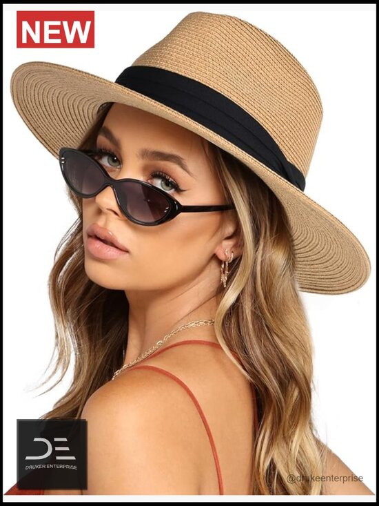 Wide Brim Straw Panama Fedora Hat UPF 50+ Sun Protection Beach Summer Hat for main image 7